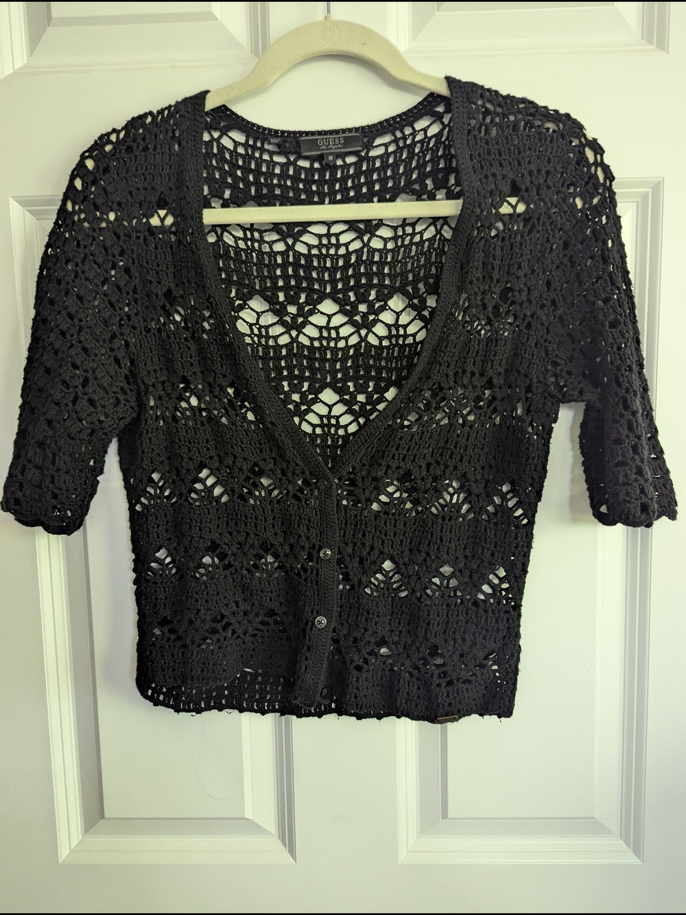 Guess Black Crochet Openwork Button Cardigan